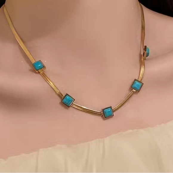 Turquoise Blue Stone Square Herringbone Necklace - Picture 7 of 17